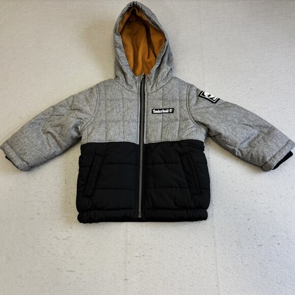 Timberland Puffer Jacket Boys 2 Gray Black Color Block Hooded Coat Outdoors Kids - Picture 1 of 8